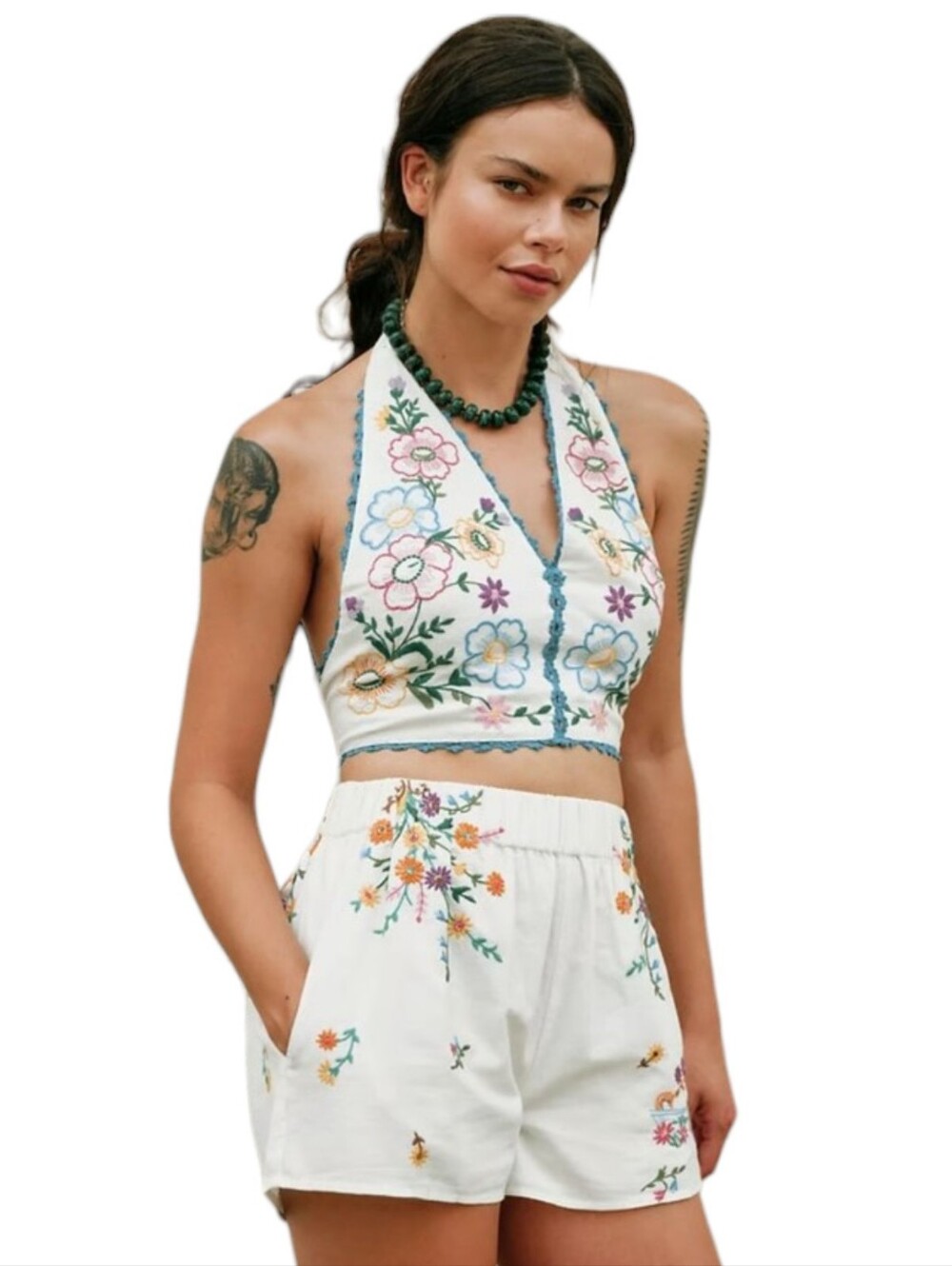Free People Lucy Mae Embroidered Set Cream Combo S
